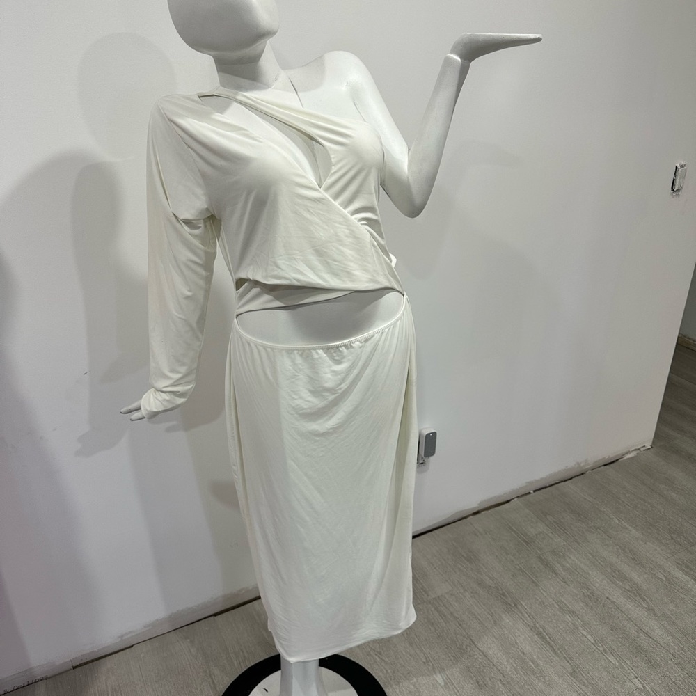PrettyLittleThing Cream One-Shoulder Cutout Midi Dress